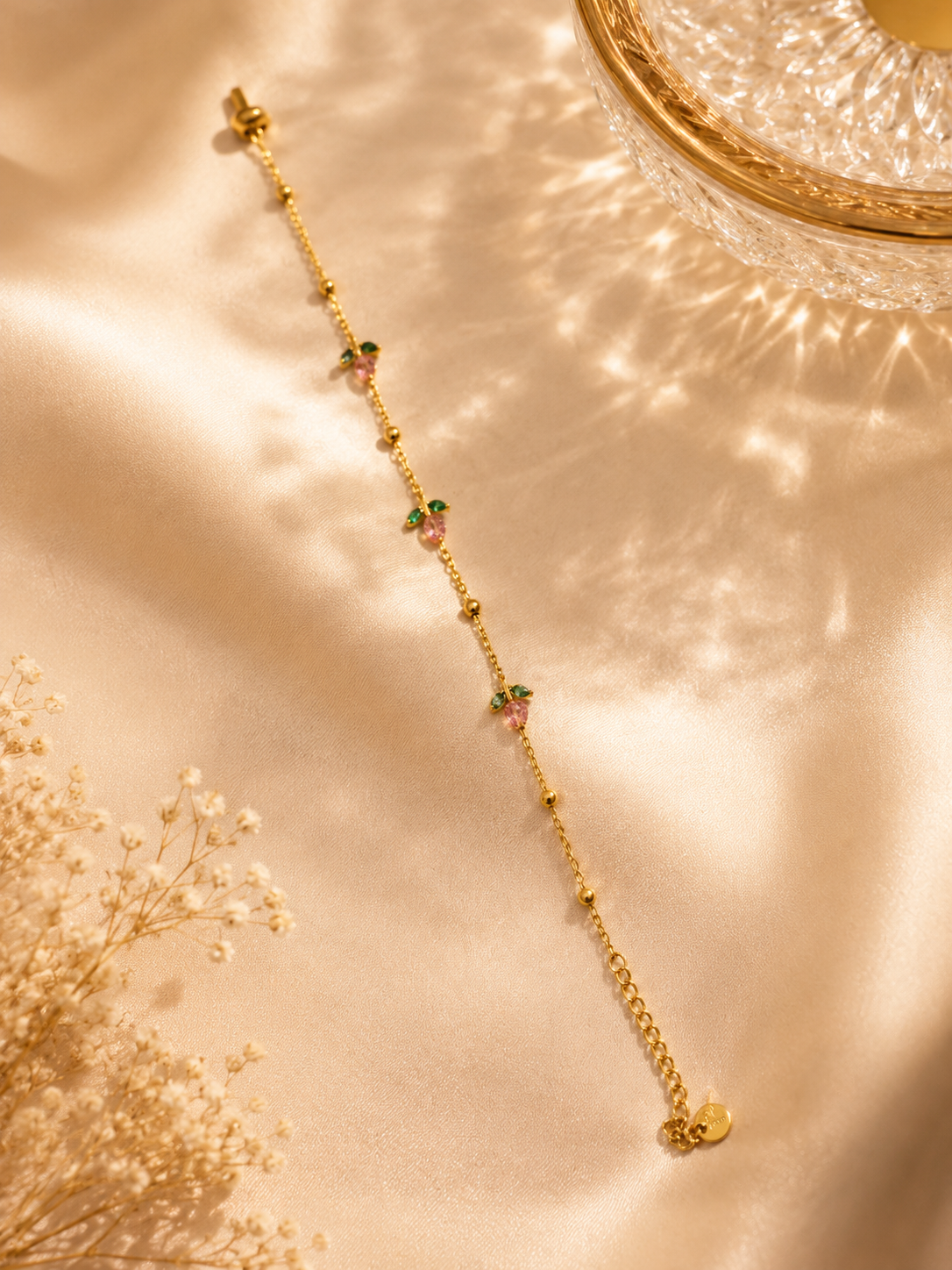 Tulip Cherry Blossom Crystal Bracelet – Gold-Tone Floral Charm Bracelet