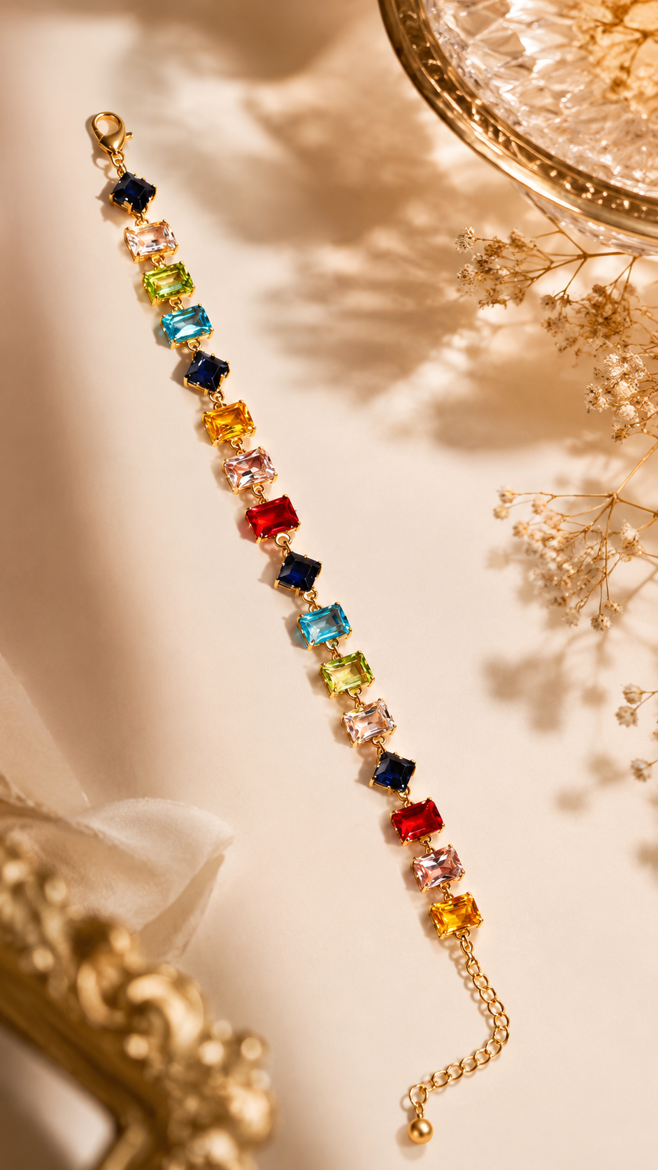 Rainbow Crystal Tennis Bracelet – Gold-Tone Multicolor Gem Bracelet