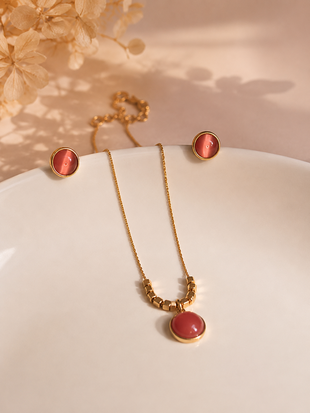 Rose Coral Cat Eye Necklace & Stud Earrings Set