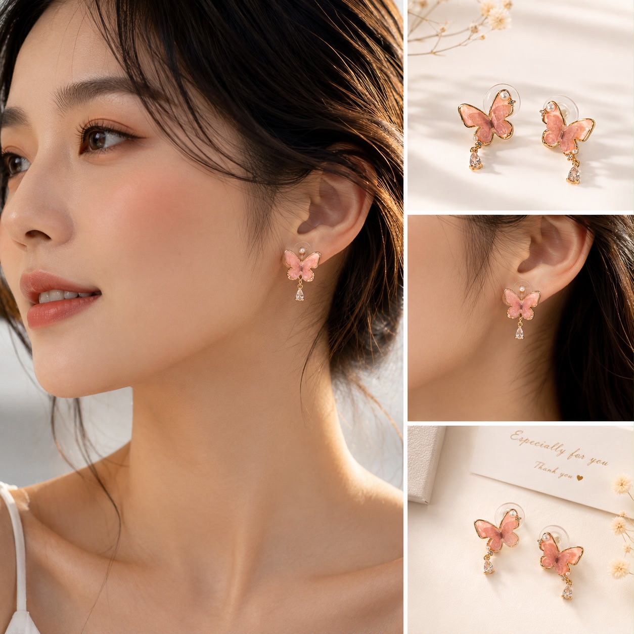 Pink Butterfly Crystal Drop Earrings