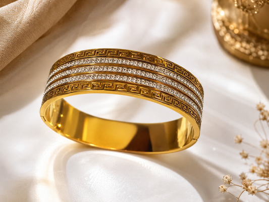 Luxury Greek Pattern Crystal Gold Bangle Bracelet for Women | Stainless Steel Premium Cuff Bracelet | Elegant Party & Daily Wear Jewelry