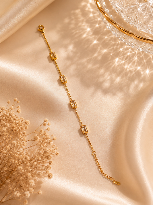Minimalist Baguette Crystal Bracelet – Gold-Tone Elegance