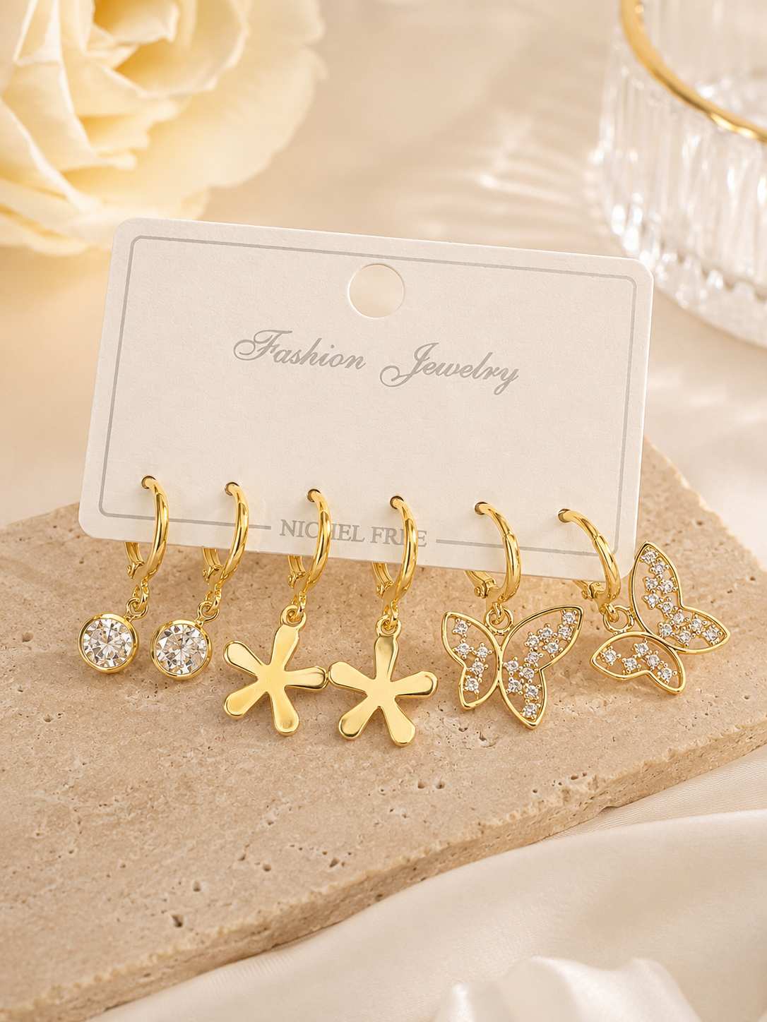3-Pair Gold Hoop Earring Set with Crystal, Floral & Butterfly Charms