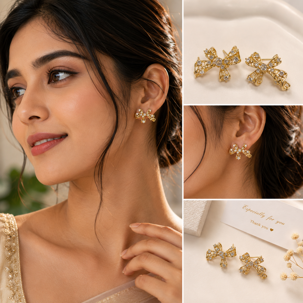 Gold Crystal Bow Earrings