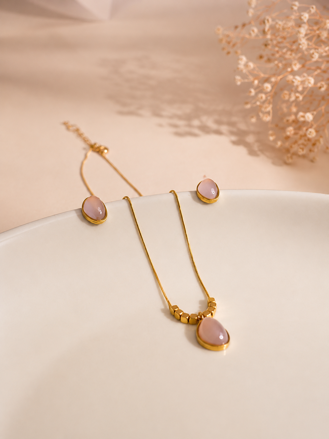Minimalist Blush Pink Gemstone Necklace and Stud Earrings