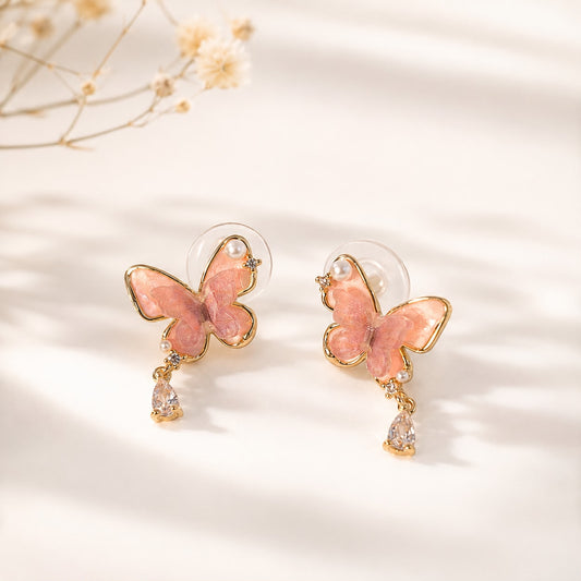 Pink Butterfly Crystal Drop Earrings
